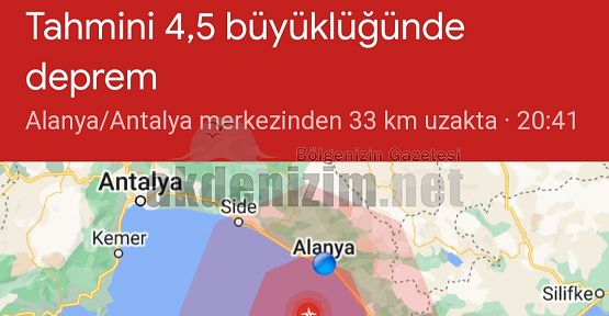 Antalya Alanya açıklarında 4.7 şiddetinde Deprem